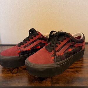 Vans Burgundy and Black Plaid Platform Old Skool Sneakers